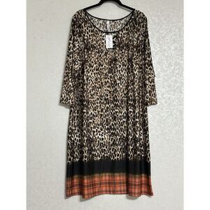 NY Collection NWT Leopard Print 3/4 Sleeve Midi Shift Dress Plaid Hem Stretch 2X